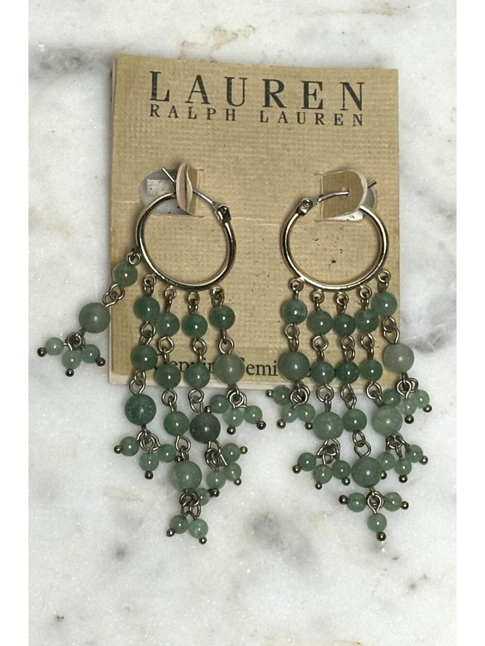Lauren Ralph Lauren Green Beaded Chandelier Hoop Earrings Boho Statement Dangle